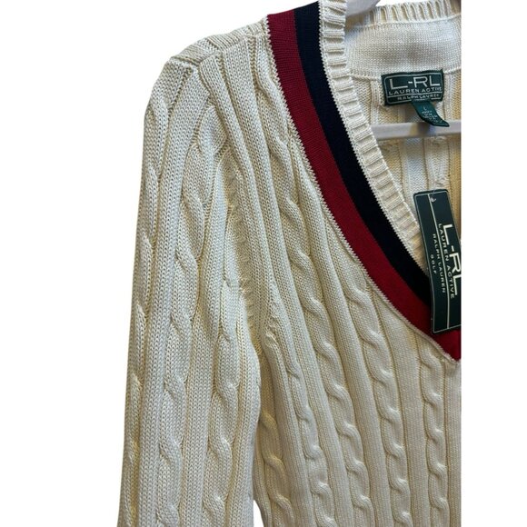 Lauren Ralph Lauren V Neck Cricket Sweater Cable Knit Sz Large NEW Golf Preppy - Picture 2 of 10